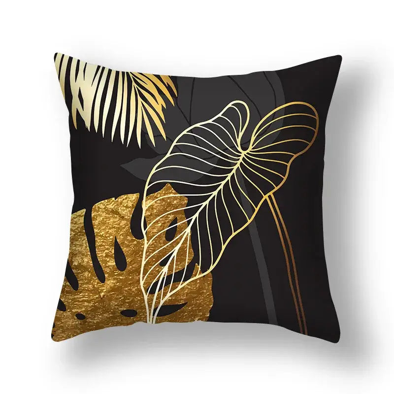 Black cushion cover with metallic gold and white foil big leaves design for living room decorative pillows