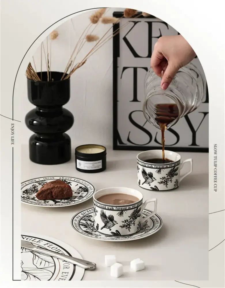 Black and white black bird ceramic coffee cup and saucer set with botanical floral pattern for dining room decorbites black bird