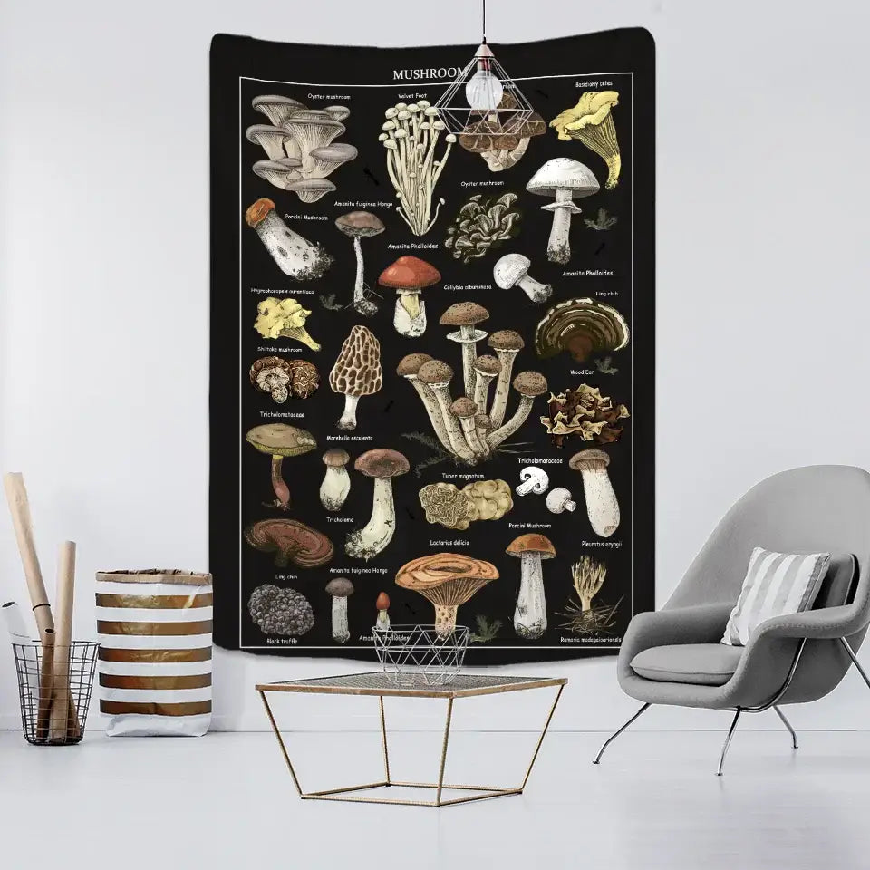 Botanical black mushroom mystical tapestry bedroom wall hanging with black mushroom mystical sepia and beige decorbites black mushroom illustrations on dark background