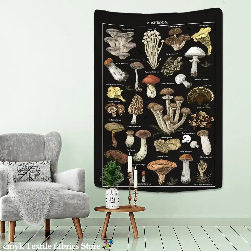 Black mushroom mystical tapestry bedroom wall hanging featuring detailed earthy mushroom illustrations on black fabric