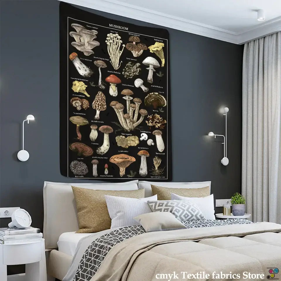 Botanical black mushroom mystical tapestry featuring a black mushroom illustration for bedroom wall decorbites black mushroom