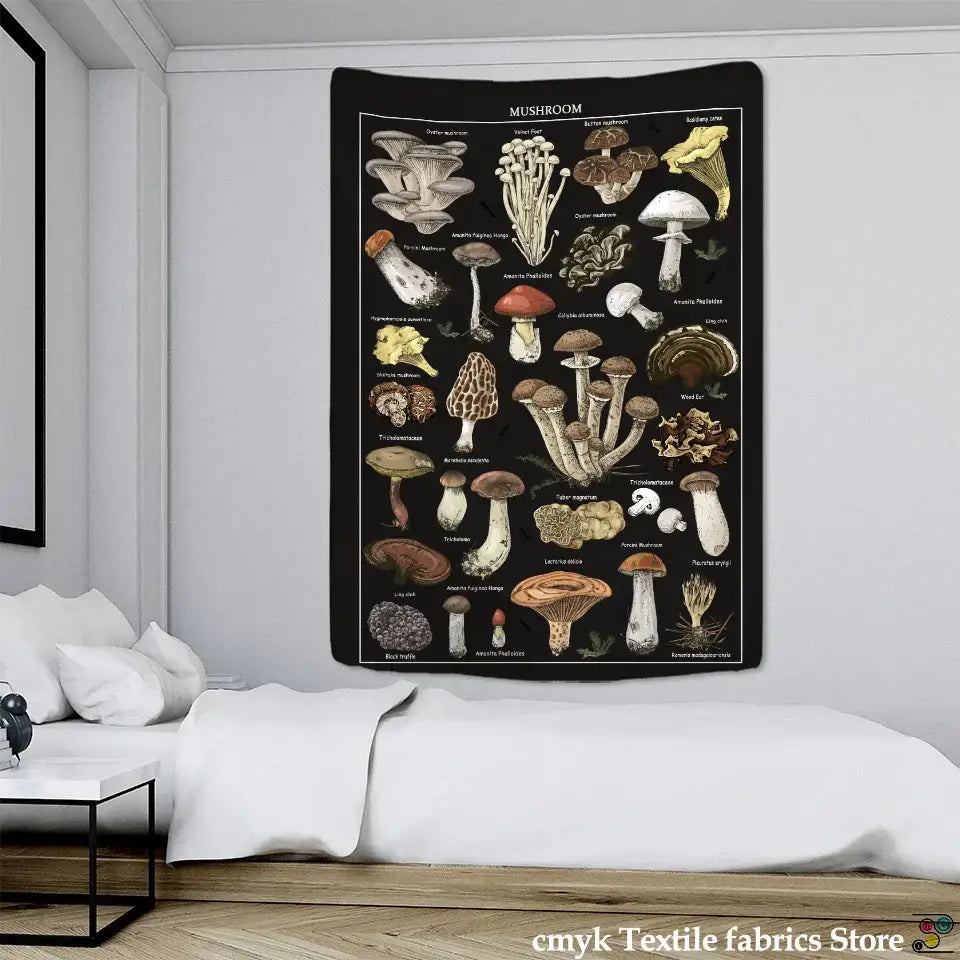Black mushroom mystical tapestry bedroom wall hanging features detailed earthy tone fungi illustrations with white text decorbites black mushroom