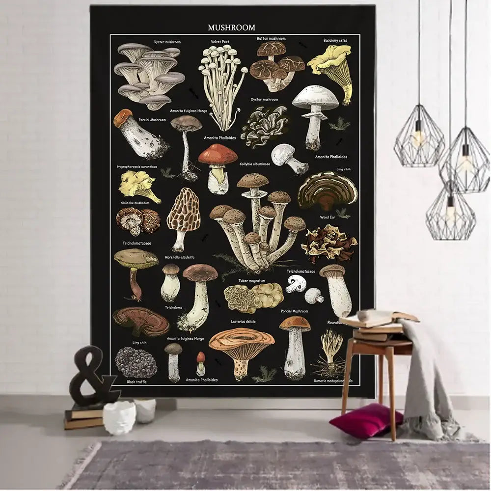 Botanical black mushroom mystical tapestry featuring detailed beige and brown mushroom illustrations for bedroom decorbites black mushroom wall hanging