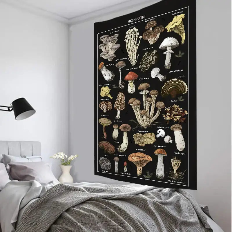 Black wall tapestry featuring detailed botanical illustration of mushrooms in earthy tones for mushroom mystical decorbites black mushroom