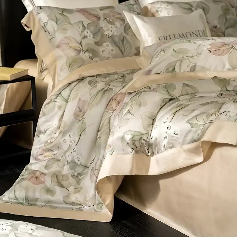 Elegant cream-colored satin botanical egyptian cotton print bedding set featuring soft greens and blush pinks for bedroom use