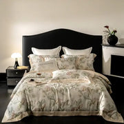 Elegant cream-colored egyptian cotton print bedding set with botanical leaf pattern and premonde branding on pillowcase