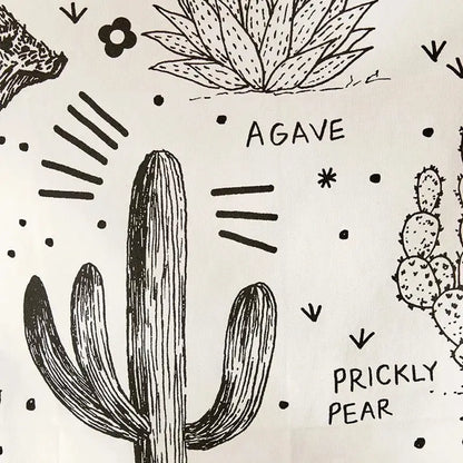 Black ink botanical floral illustration of a tall segmented cactus wall hanging for decorbites desert species decor