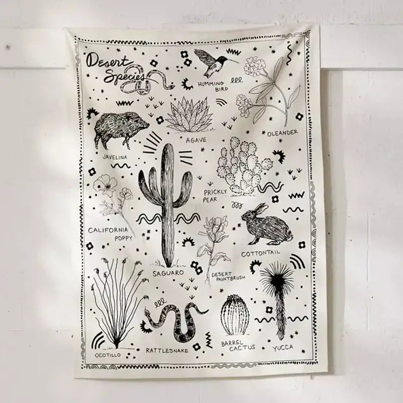 Botanical floral black and white desert species wall hanging decor featuring labeled cacti hummingbird and saguaro for living room