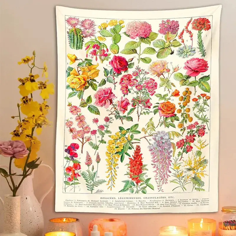 Decorbites botanical floral tapestry featuring vibrant pink red yellow and purple flowers on cream background wall decor