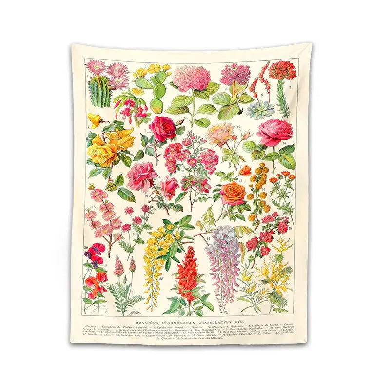 Beige botanical floral tapestry wall hanging with vintage colorful flowers on off-white background for bedroom decorbites decor