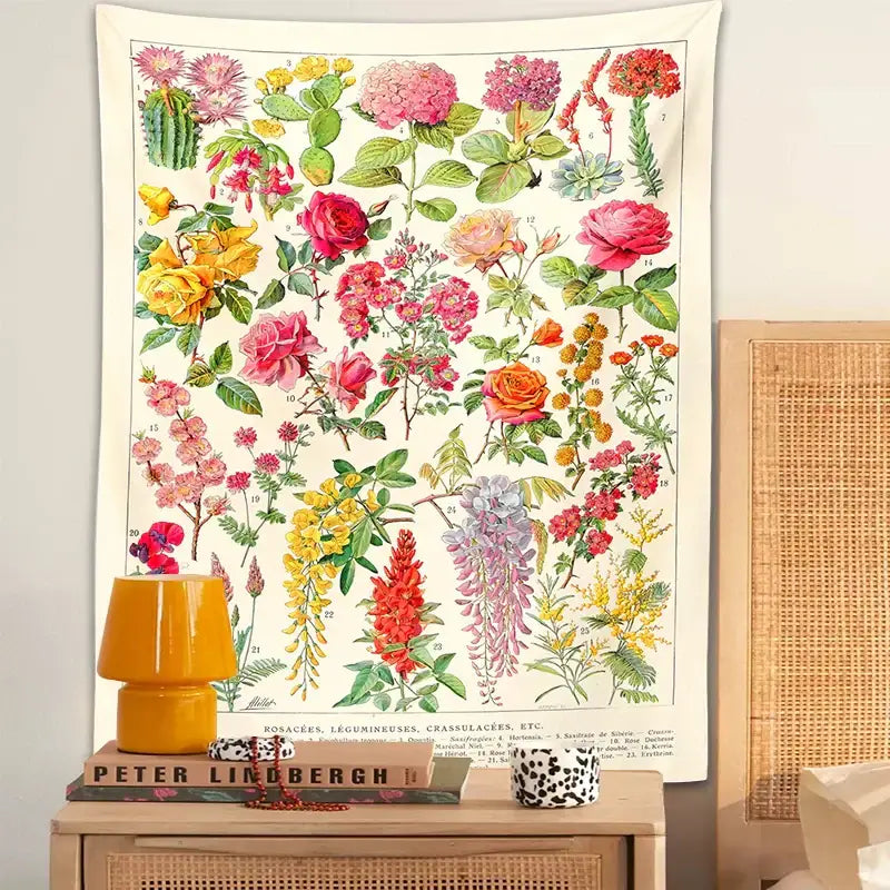 A vibrant decorbites botanical floral tapestry wall hanging featuring colorful pink red yellow and purple flowers on off-white background