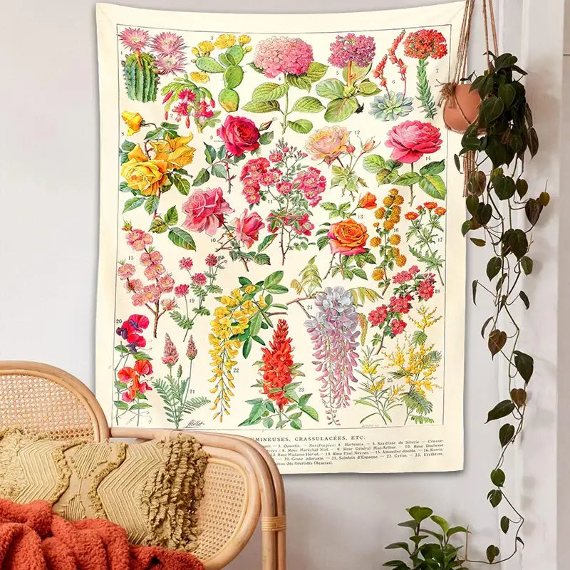 A decorbites botanical floral tapestry wall hanging with colorful flowers on an off-white background for bedroom decor