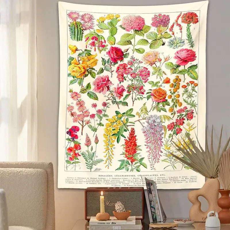 Vintage-style botanical floral tapestry wall hanging with pink yellow red and purple flowers on off-white background decorbites botanical floral