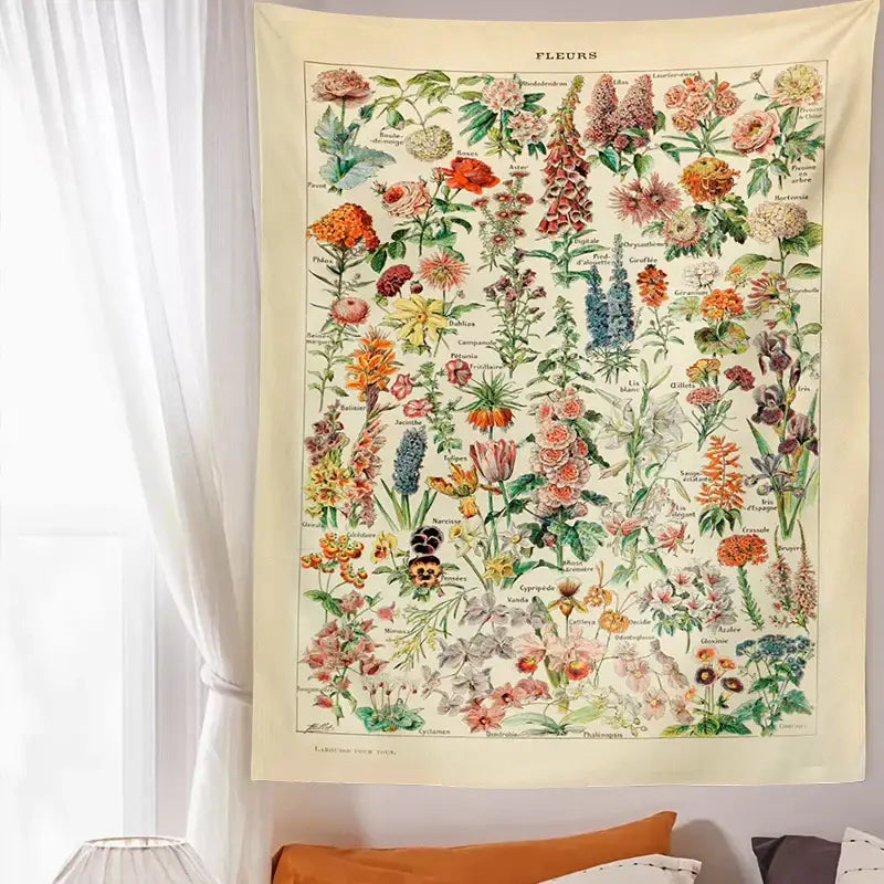 Botanical floral tapestry wall hanging with vintage-style colorful flowers in soft pastels and earthy tones by decorbites