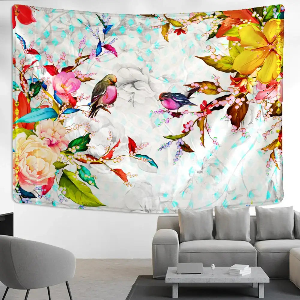 Botanical flying bird wall hanging with vibrant floral and bird patterns on textured crinkled white background for living room decor