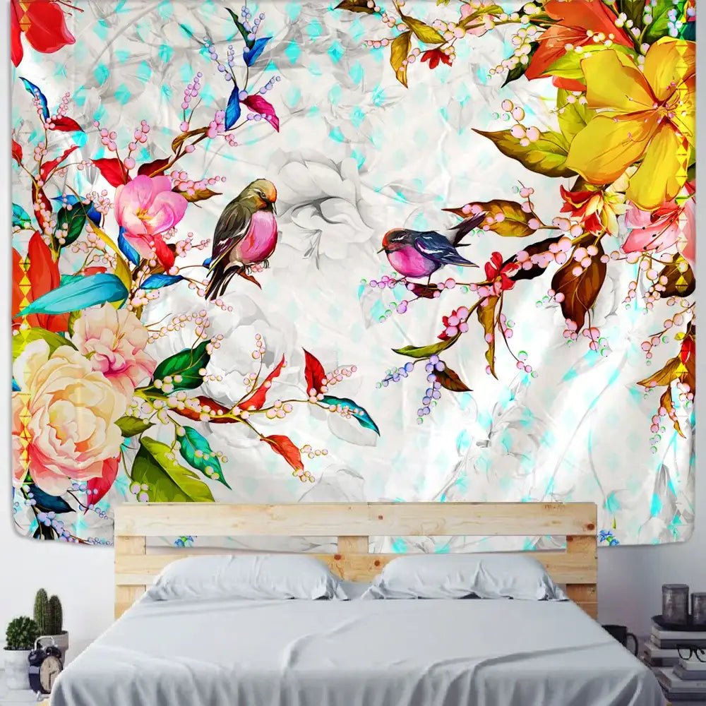 Botanical flying bird wall hanging with vibrant floral and bird pattern in rich colors above wooden bed frame decorbites decor