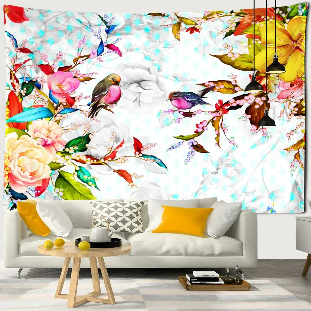 Vibrant botanical flying bird wall hanging with colorful birds on blossoming branches for living room decor