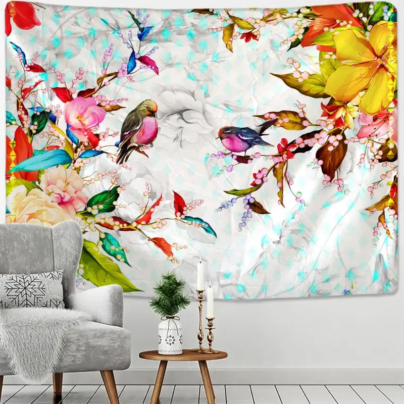 Botanical flying bird wall hanging with vibrant floral blossoms and two colorful birds on branches for living room decor