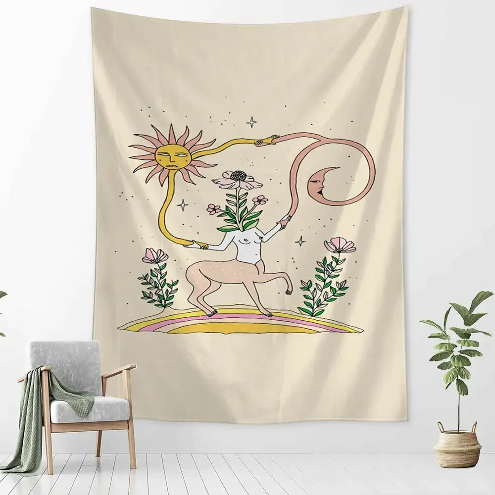Beige botanical girl tarot tapestry featuring sun deity moon wings flowers and eye in pot for bedroom wall decorbites decor