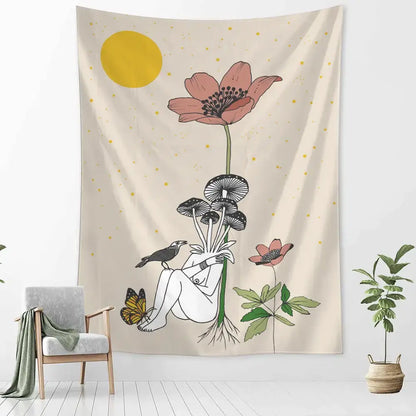 Beige botanical girl tarot tapestry featuring whimsical girl tarot astrology design with mushrooms flowers and birds decorbites decor