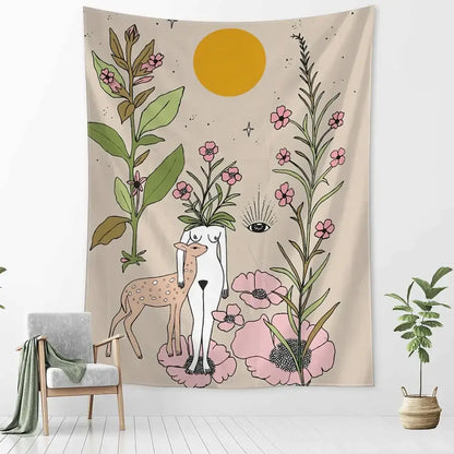 Beige decorbites botanical girl tarot tapestry with stylized woman, flowers, deer, pink blossoms, and yellow sun wall decor