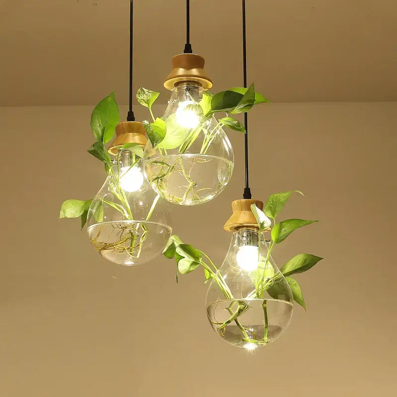 Three botanical glass bottle pendant lights with wooden caps and green plants illuminated by warm glow decorbites botanical glass