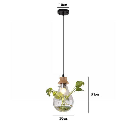 Botanical glass bottle pendant light featuring clear glass, wooden cap, and hanging plant by decorbites pendant light