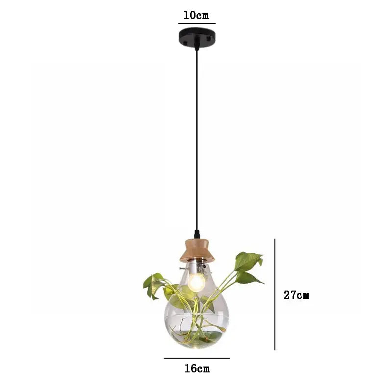 Botanical glass bottle pendant light featuring clear glass, wooden cap, and hanging plant by decorbites pendant light
