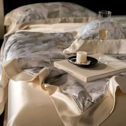 Beige satin quilt set with subtle leaf pattern and delicate stitched edge featuring decorbites eucalyptus fiber flowers