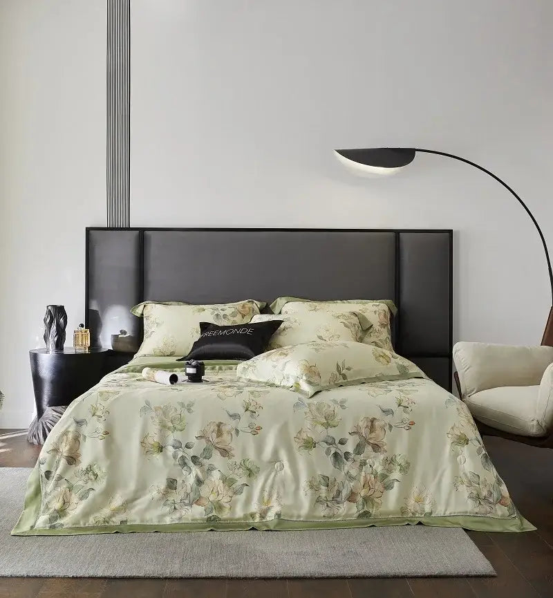 Elegant sage green quilt set with decorbites eucalyptus fiber flowers and peach blossoms in soft satin fabric