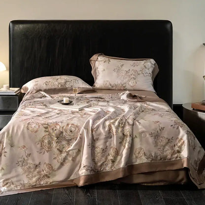 Beige satin botanical ivory eucalyptus fiber flowers quilt set with elegant rose floral pattern and brown trim
