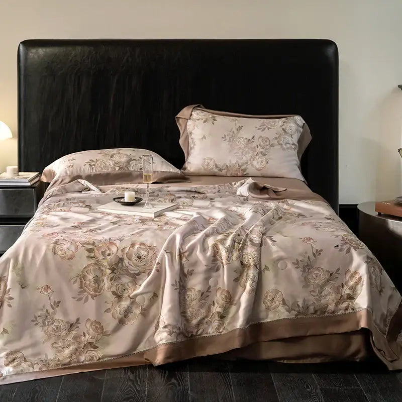 Beige satin botanical ivory eucalyptus fiber flowers quilt set with elegant rose floral pattern and brown trim