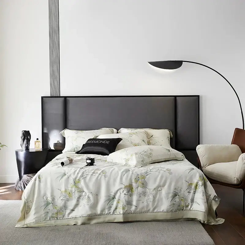 Elegant ivory silk quilt set with delicate green and gray eucalyptus fiber flowers embroidery and satin finish