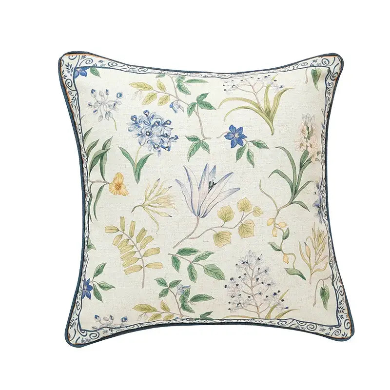Beige linen botanical leaf watercolor lumbar pillowcase with intricate blue green yellow floral print and dark border