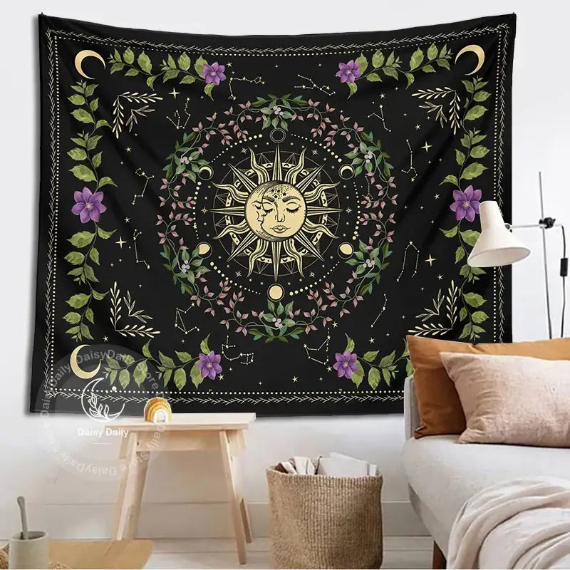 Black floral tapestry featuring a golden sun and moon with green leaves purple flowers and constellations for decorbites botanical moon phase wall decor