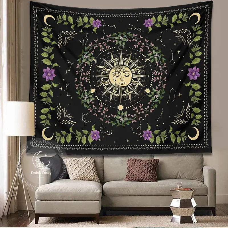 Black floral tapestry with golden sun face green vines purple flowers and celestial moons for decorbites botanical moon phase decor