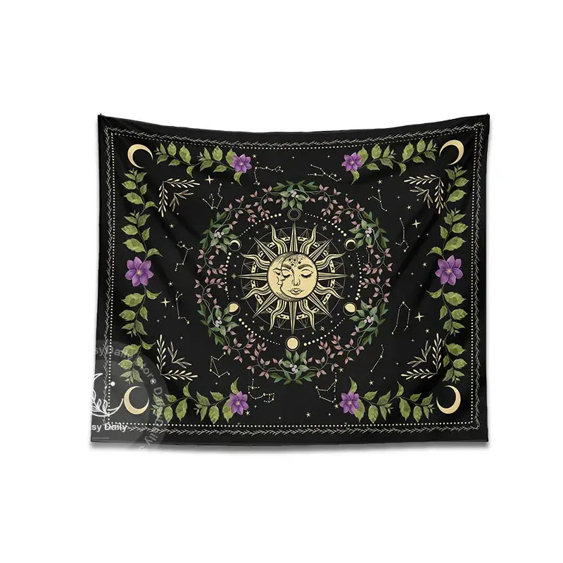 Black floral tapestry featuring a golden sun and moon with faces surrounded by purple flowers and constellations decorbites botanical moon phase