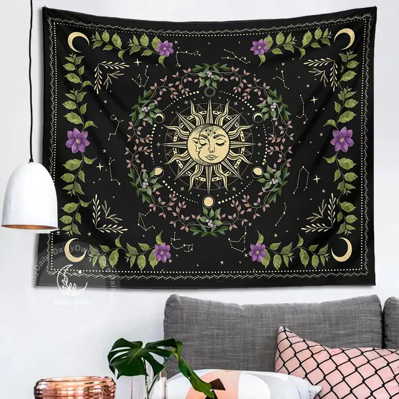 Black floral tapestry featuring a golden sun face with moon phases and purple flowers for botanical moon phase decorbites wall decor