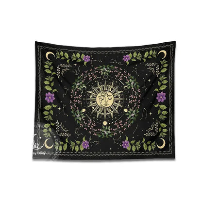 Black floral tapestry featuring botanical moon phase with golden sun moon faces and purple flowers for bedroom decorbites botanical moon decor
