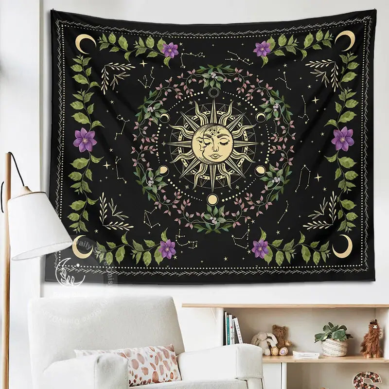 Black floral tapestry featuring a golden sun and moon with green vines purple flowers and constellations for decorbites botanical moon phase wall decor