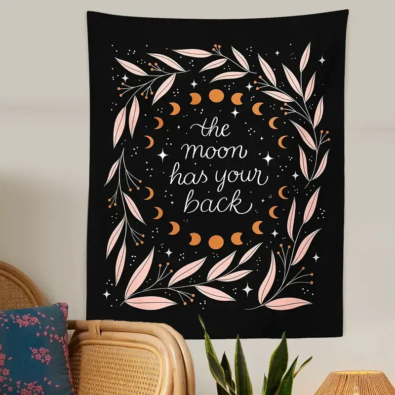 Black wall tapestry with botanical olive leaf moon phase design and celestial decorbites moon motifs for bedroom decor