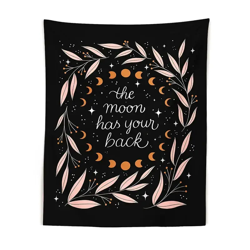Black botanical olive leaf moon phase tapestry with pink leaves orange moon phases and white starry text decorbites botanical olive
