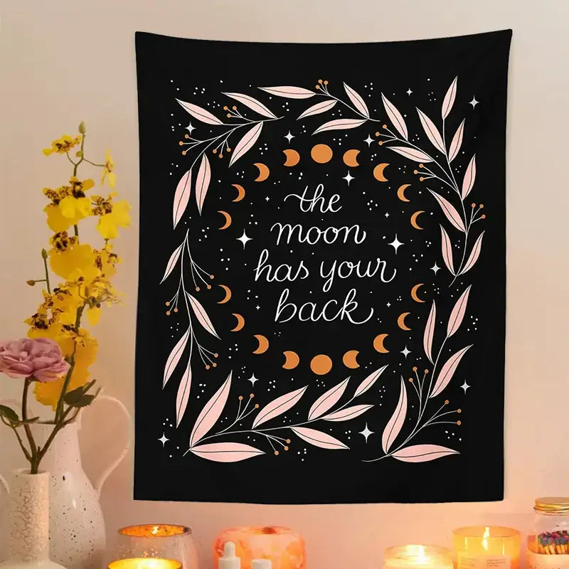 Black botanical olive leaf moon tapestry featuring pink and white leaves and celestial moons for bedroom decorbites decor