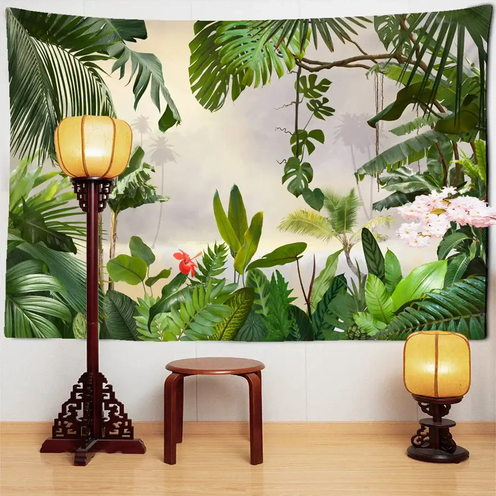 Botanical palm leaf green tropical wall tapestry featuring botanical palm decorbites design for living room decor