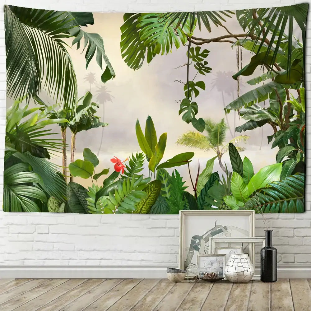 Lush tropical jungle fabric wall tapestry with vibrant green botanical palm leaf and a single red flower decorbites botanical palm
