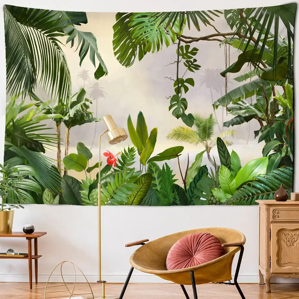 Decorbites botanical palm tapestry with vibrant green palm leaf and red flower for tropical living room wall decor