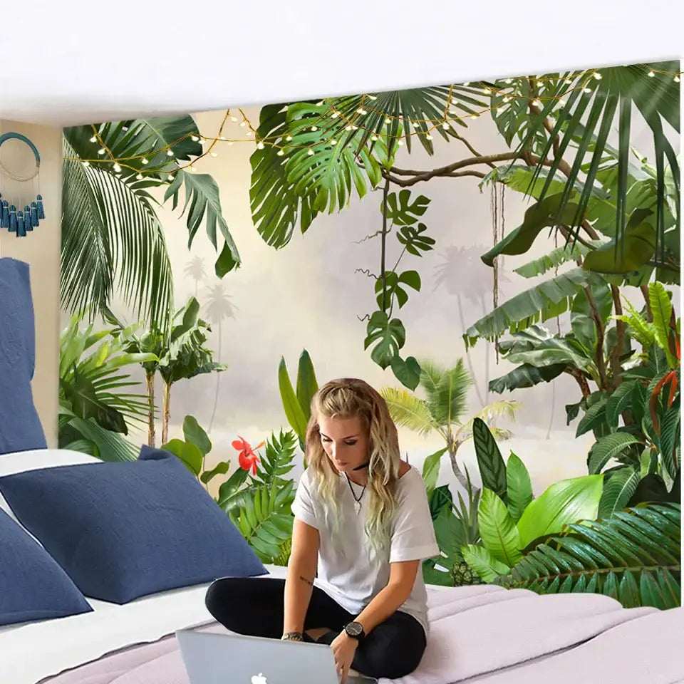 Botanical palm leaf green tapestry featuring lush tropical decorbites design with vibrant leaves and red flower above bed