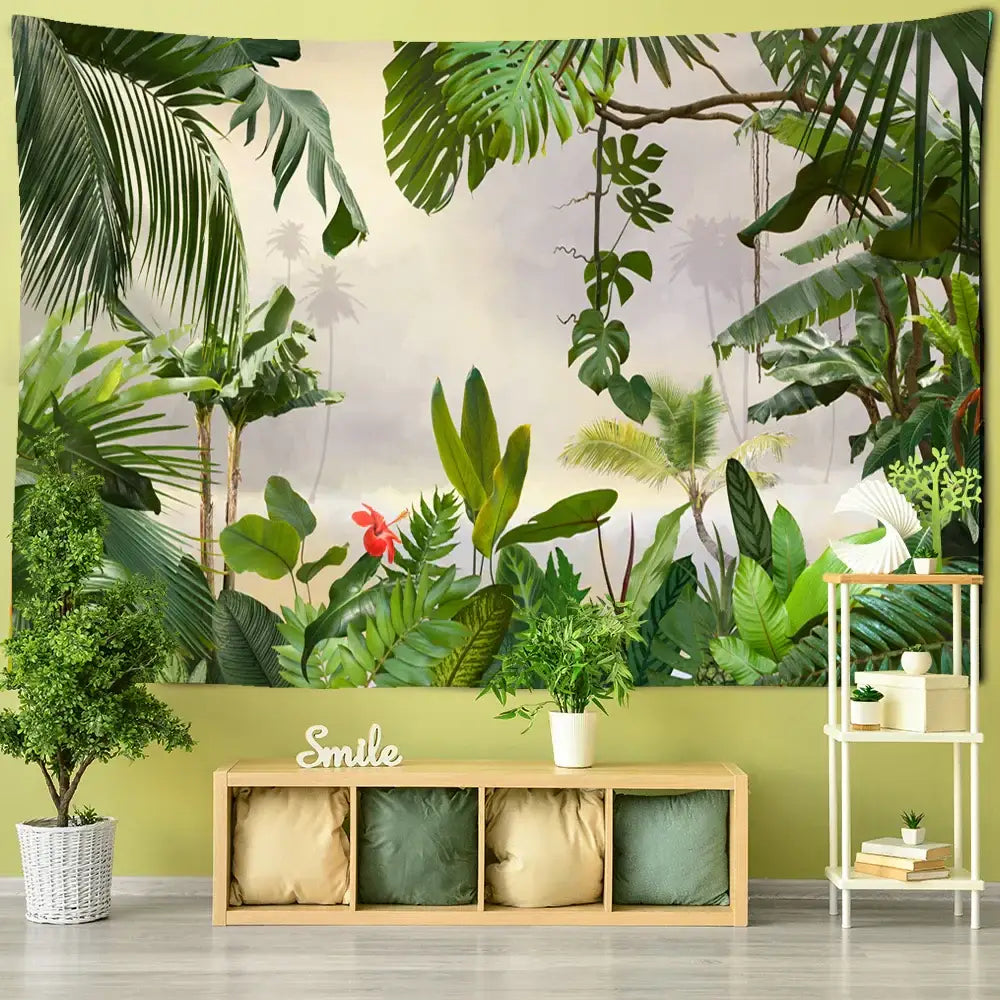 Lush tropical jungle-themed botanical palm leaf green tapestry with vibrant foliage and red flower above wooden bench