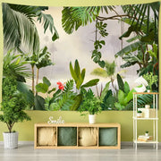 Lush tropical jungle-themed botanical palm leaf green tapestry with vibrant foliage and red flower above wooden bench