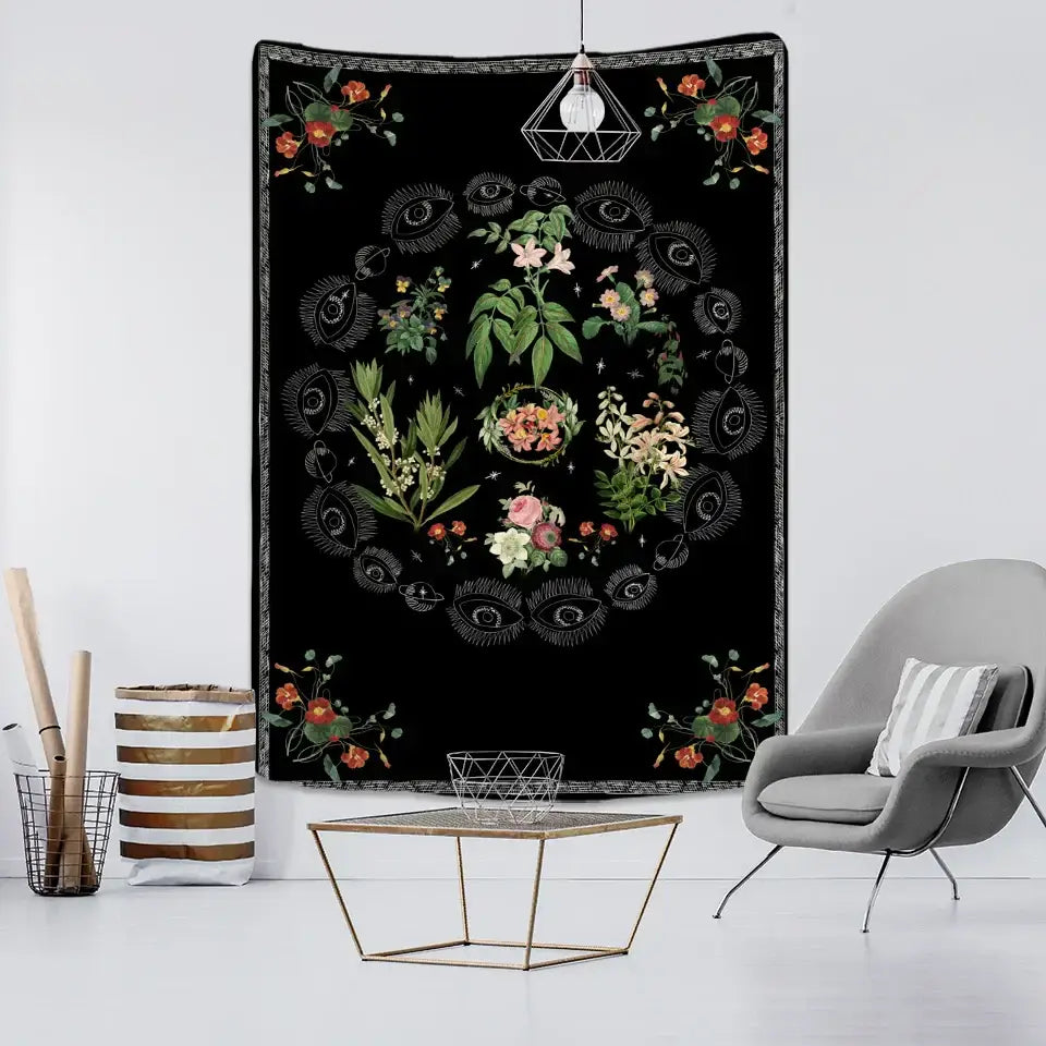 Black botanical sketch tapestry wall hanging with intricate white eyes and orange pink floral decorbites botanical sketch design